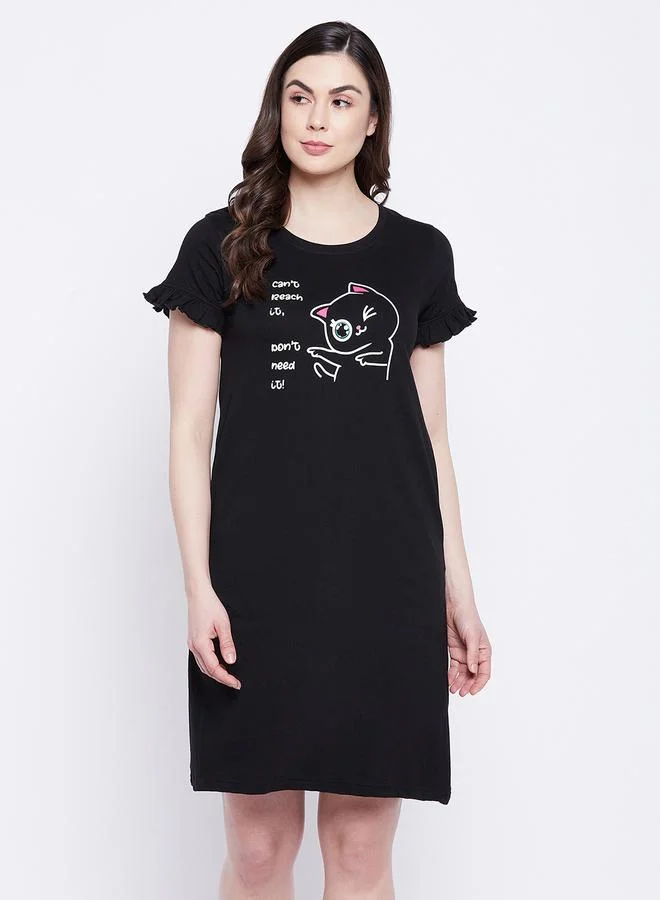 Clovia Women Black Graphic Print Cotton Nightdress